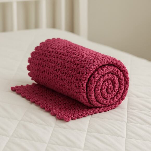 Handmade Crochet Blanket – Deep Rose Pink Textured Knit – 34” x 31” - Picture 1 of 6